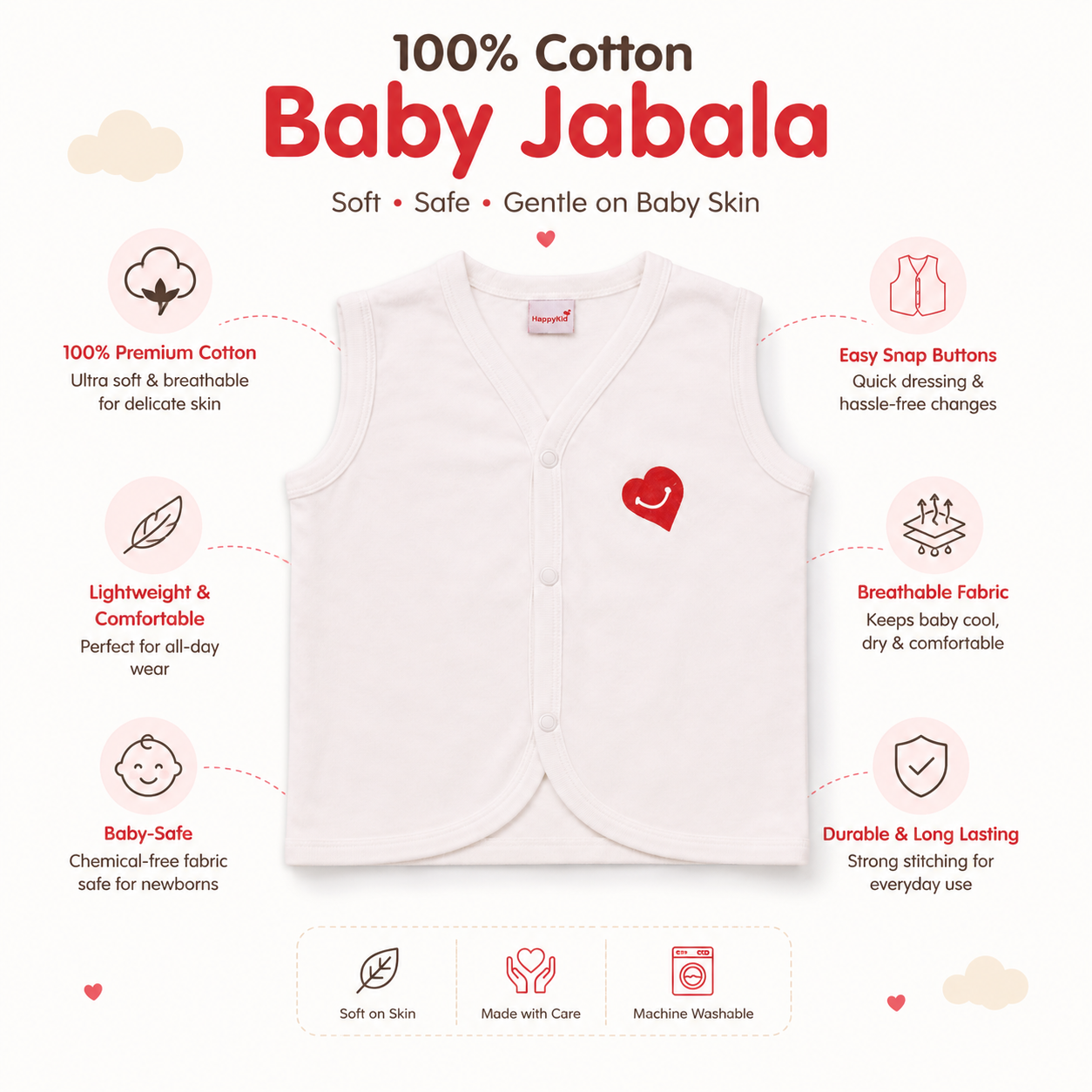 HappyKid Full White Cotton Baby Jabala – 6 Pack (0–6 Months)