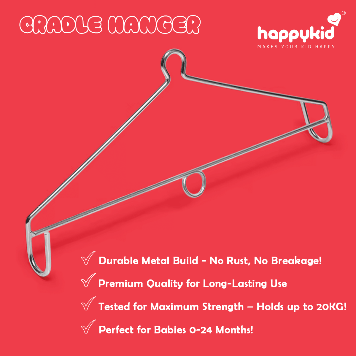 Happykid Metal Hanger for Baby Cradle Spring, Thottil, Jhoola, Palna, Jula, Swings (0-24 Months) | 20KG Capacity | 38CM Wide (Silver)