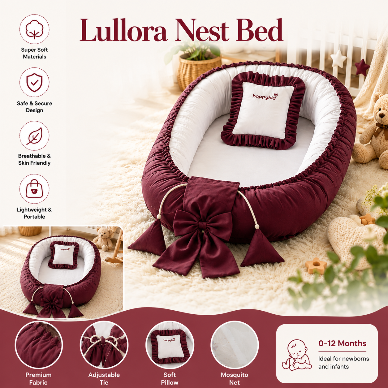 Baby Nest Bed for Newborns 0–12 Months | Soft Baby Lounger with Mosquito Net & Pillow | Portable Infant Bed