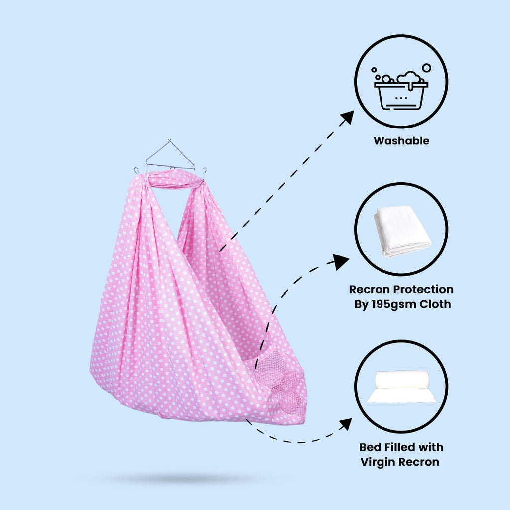 Pluto Bed Cradle for Baby | 100% Cotton Hanging Cradle with Mosquito Net & Soft Recron Bed