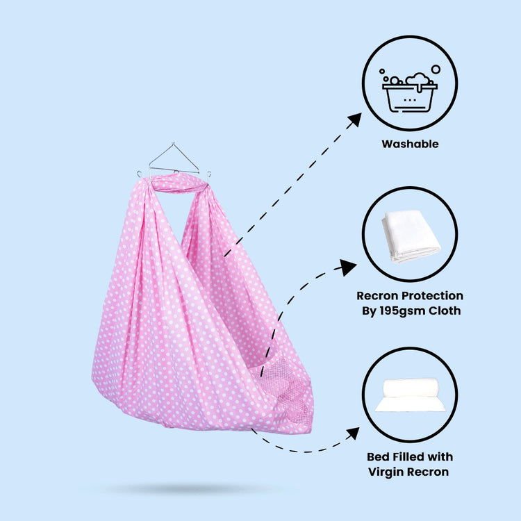 Pluto Bed Cradle for Baby | 100% Cotton Hanging Cradle with Mosquito Net & Soft Recron Bed