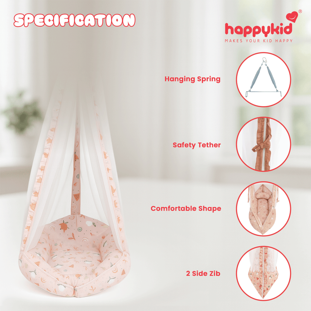 Happykid Angel Cradle with Double-Side Net & Double Spring Suspension | Newborn Baby Hanging Cradle