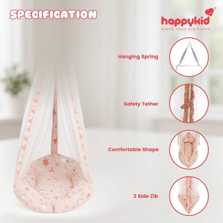 Happykid Angel Cradle with Double-Side Net & Double Spring Suspension | Newborn Baby Hanging Cradle