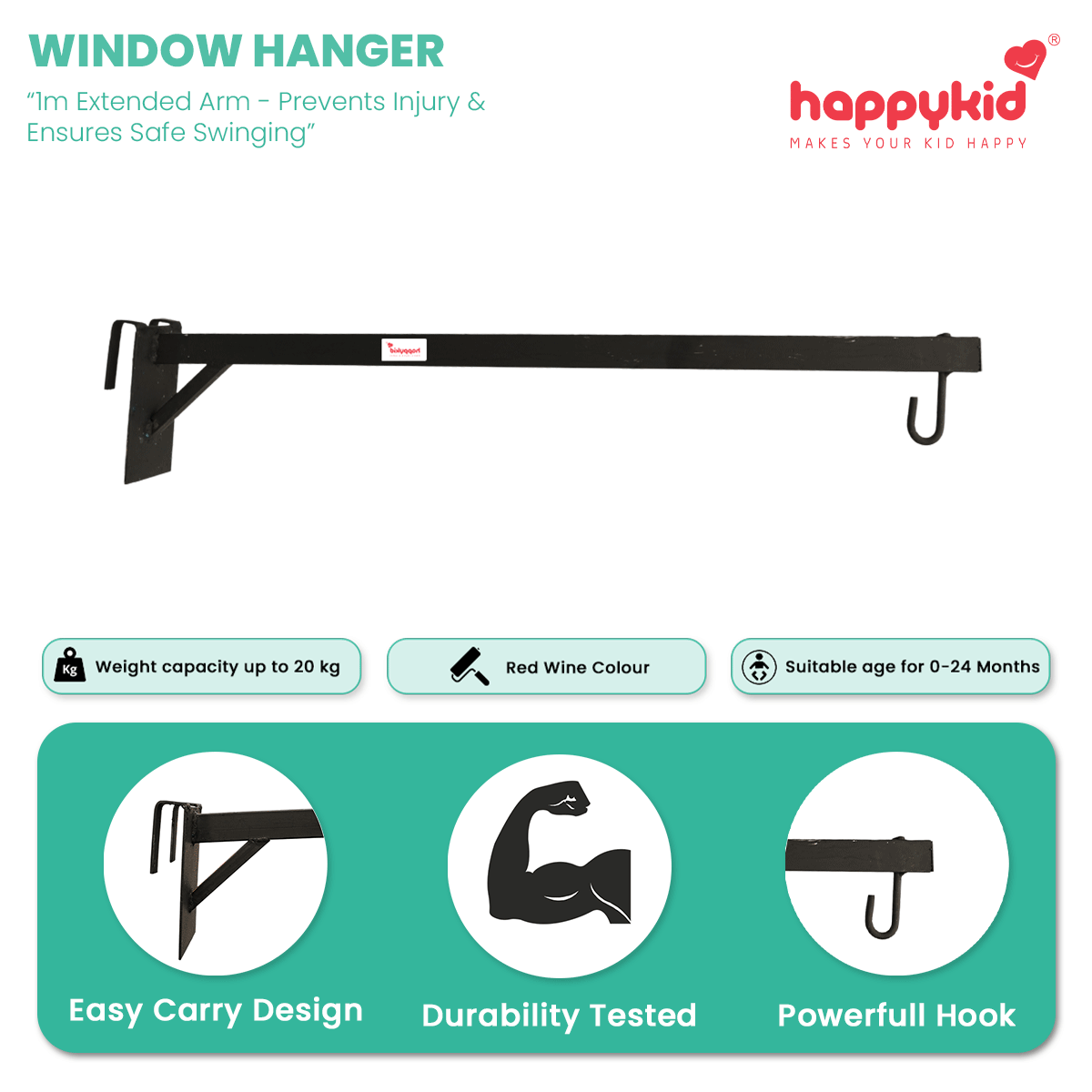 HappyKid 1m Extended Window Baby Cradle Combo – Cotton Hanging Cradle with Mosquito Net & Spring (0-24 Months)