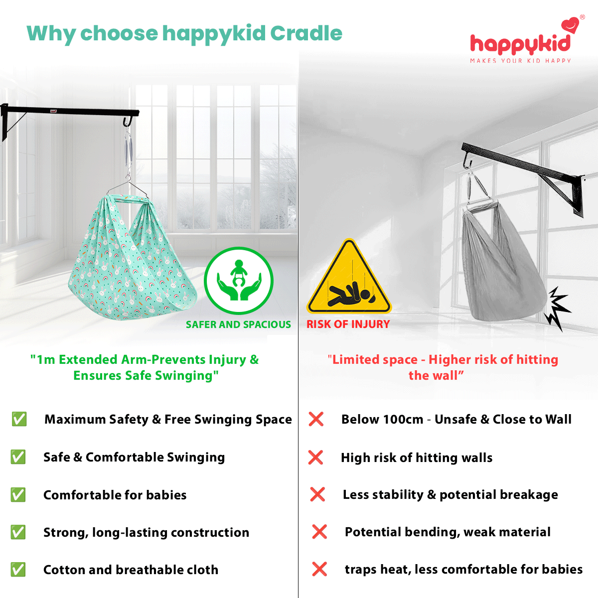 HappyKid 1m Extended Window Baby Cradle Combo – Cotton Hanging Cradle with Mosquito Net & Spring (0-24 Months)